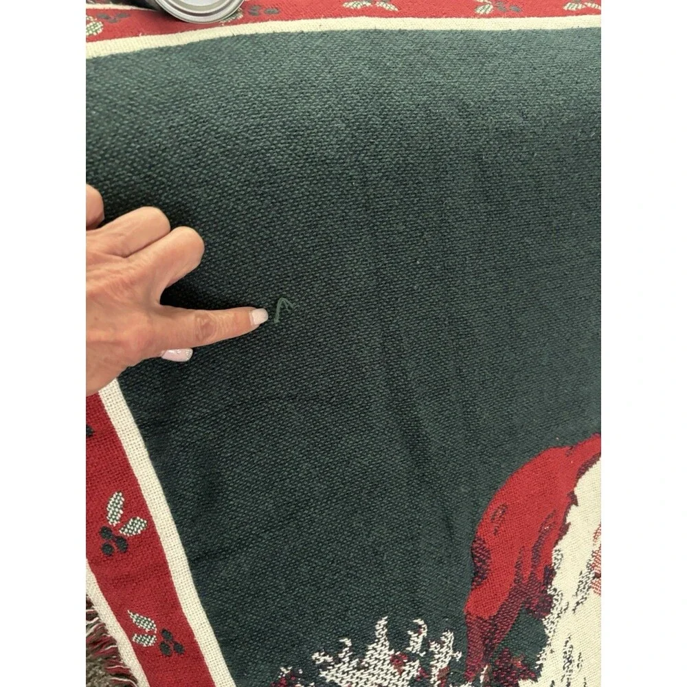 Vintage 90s Christmas Woven Tapestry Throw Blanket Santa Sleigh Reindeer 48x66